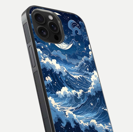 Ocean Moon Waves Glass Case for iPhone 16 Pro Max close-up angled shot showing HD reflection and calm tones