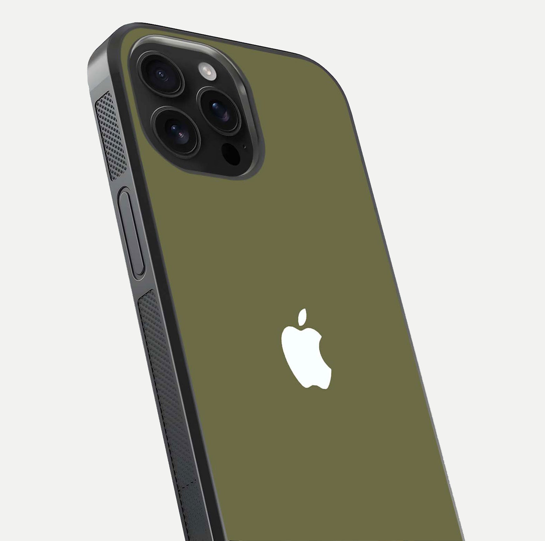 Olive Matte Essence Glass Case for iPhone 16 Pro Max close-up angled shot showing soft reflection and minimal finish