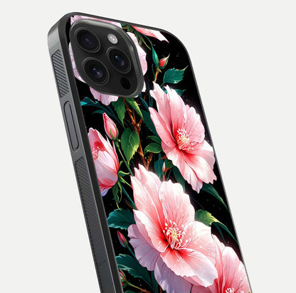 Peach Flower Glass Case for iPhone 16 Pro Max close-up angled shot highlighting floral petals and HD glass reflection