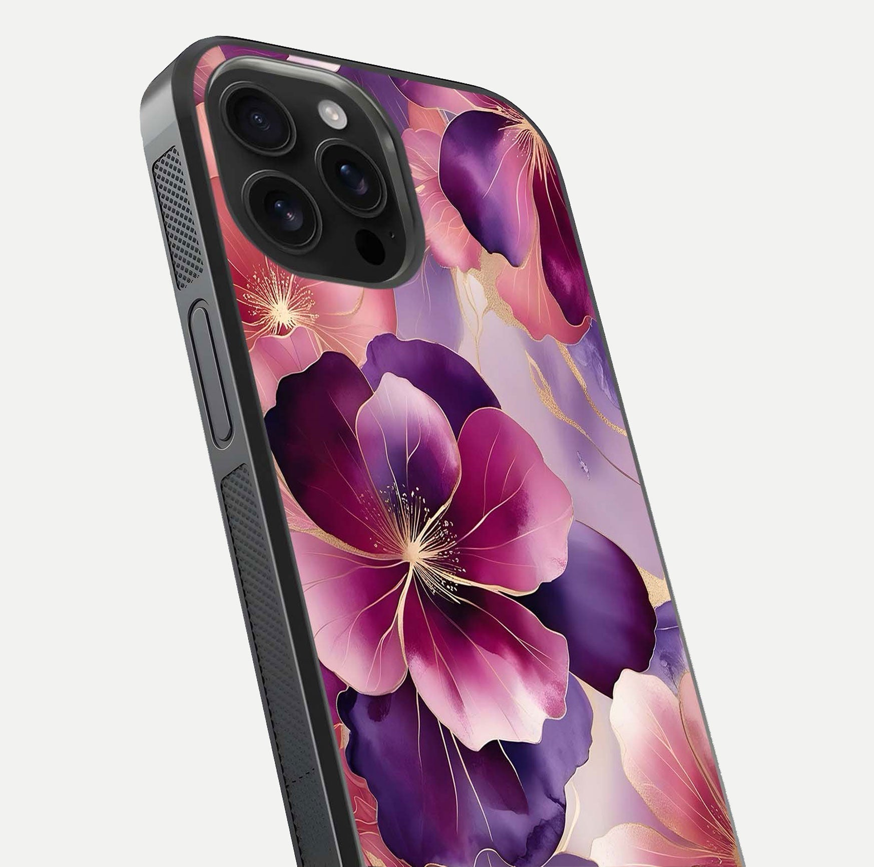 Pink Bouquet Florals Glass Case for iPhone 16 Pro Max close-up angled shot showing bouquet details and reflection