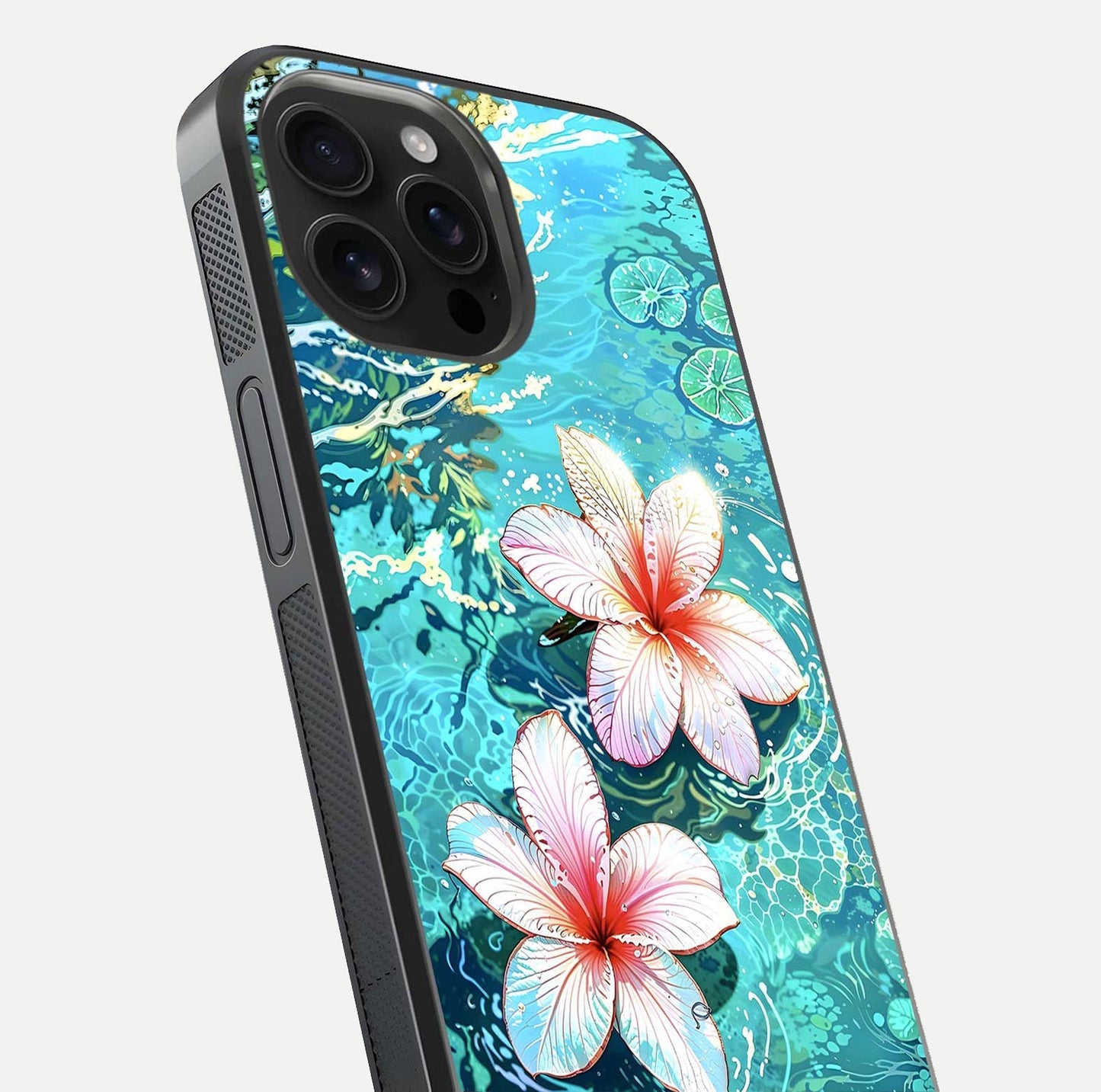 Pink Flowers in Water Glass Case for iPhone 16 Pro Max close-up angled shot highlighting water ripple and reflection