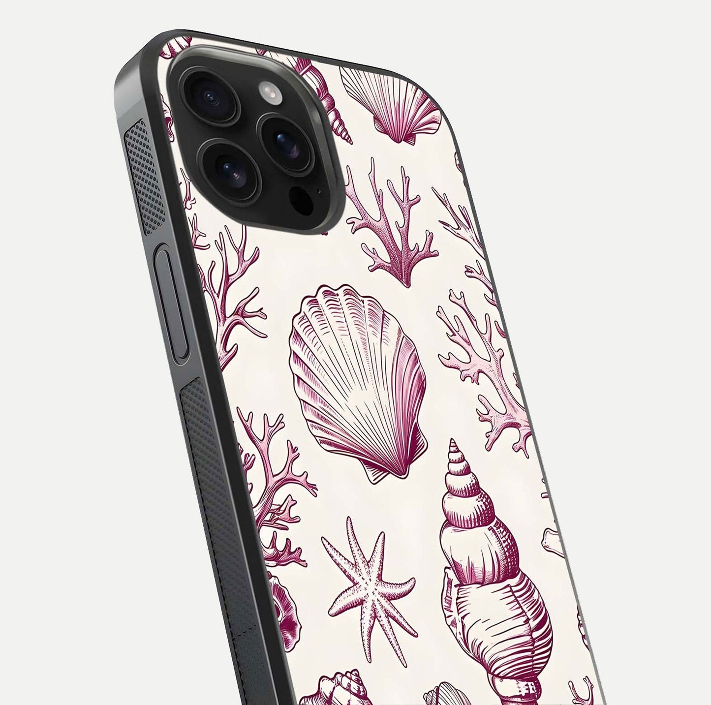 Pink Shells Outline Glass Case for iPhone 16 Pro Max close-up angled shot showing fine shell lines and reflection