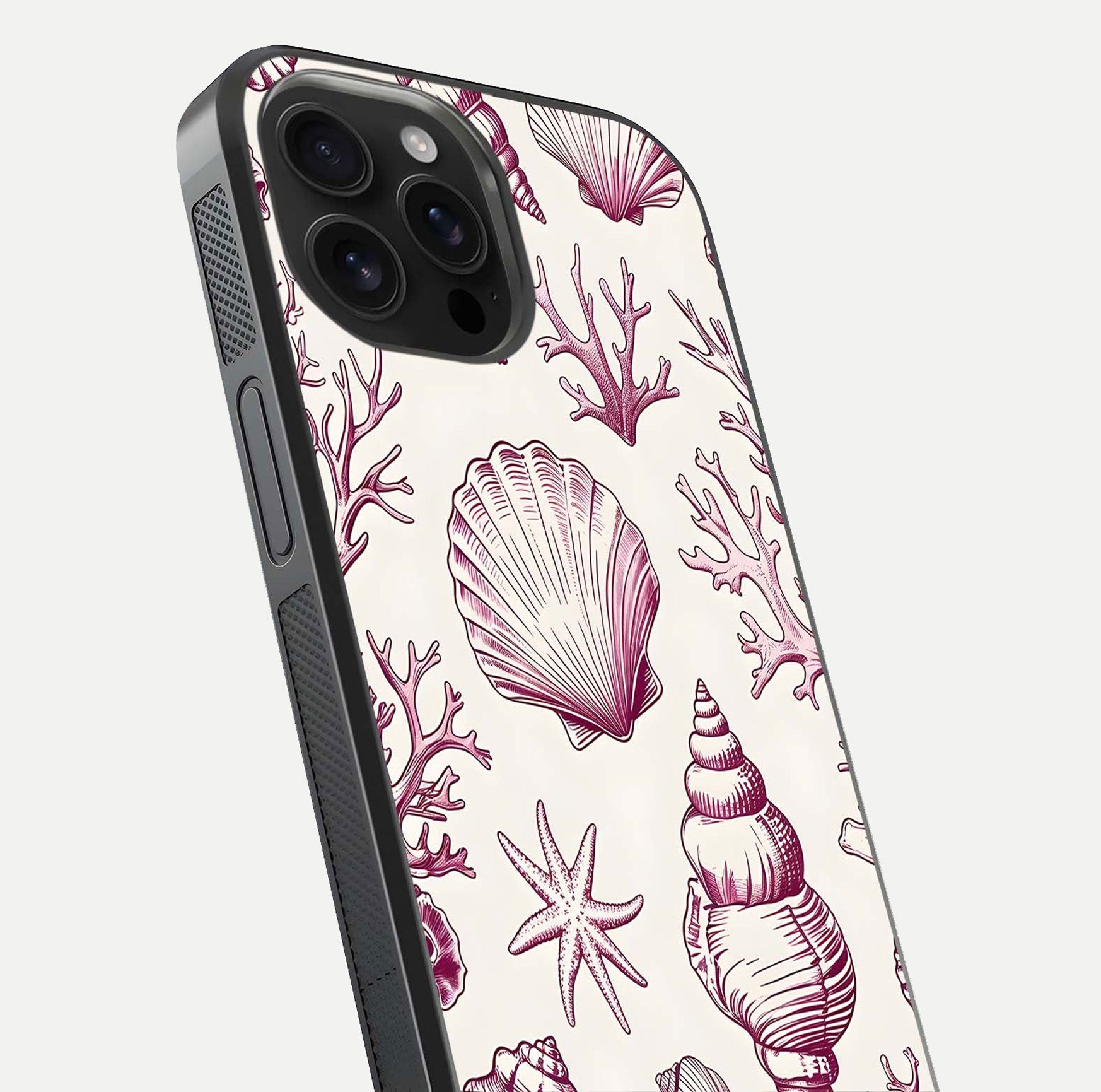 Pink Shells Outline Glass Case for iPhone 16 Pro Max close-up angled shot showing fine shell lines and reflection