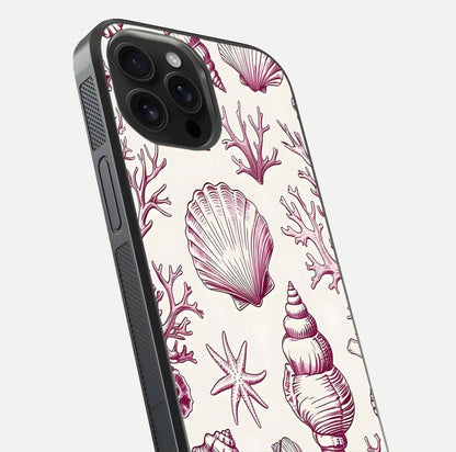 Pink Shells Outline Glass Case for iPhone 16 Pro Max close-up angled shot showing fine shell lines and reflection