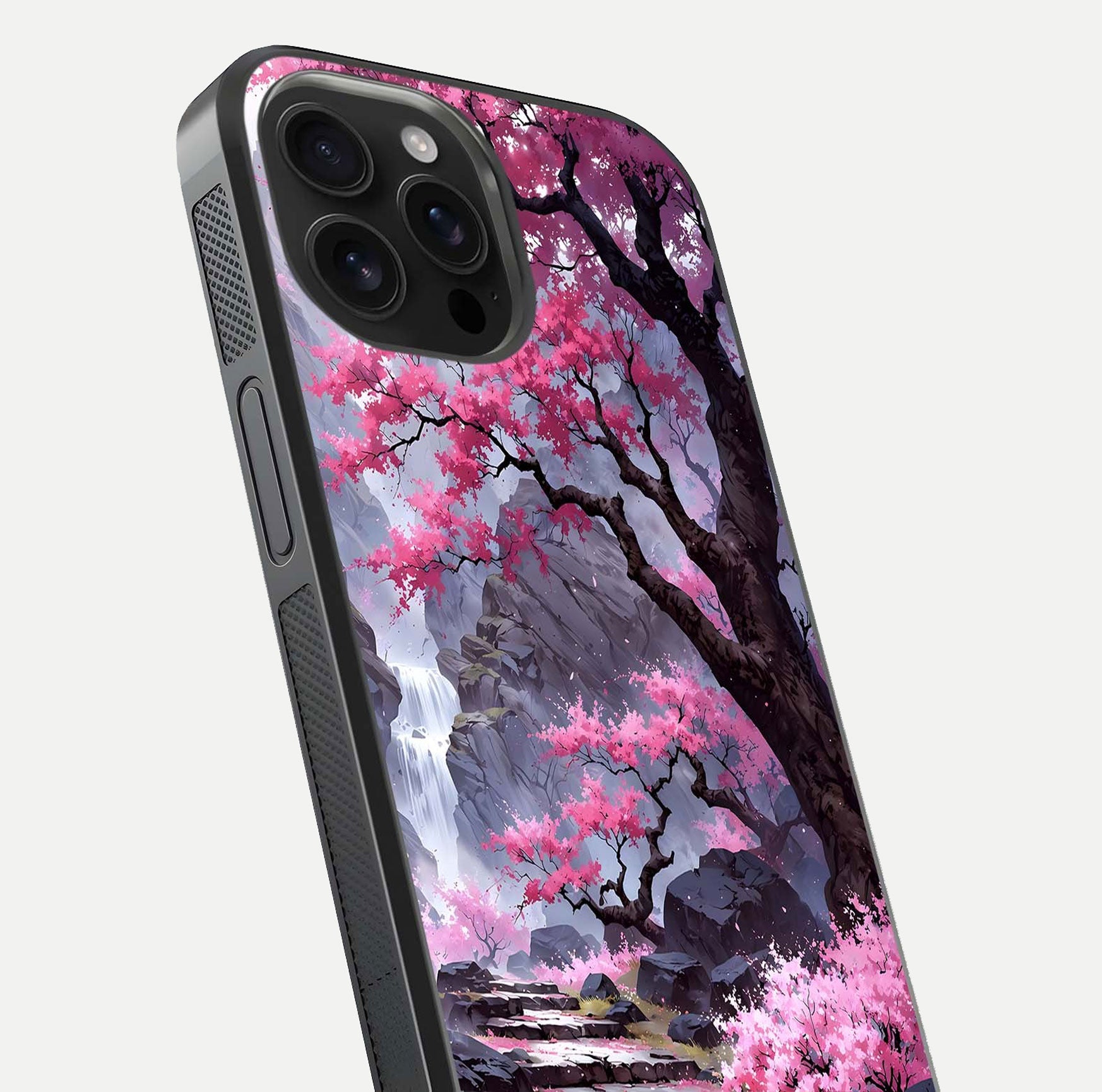 Pinkish Scenery Glass Case for iPhone 16 Pro Max close-up angled shot showing reflection and gradient color blend