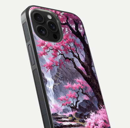 Pinkish Scenery Glass Case for iPhone 16 Pro Max close-up angled shot showing reflection and gradient color blend
