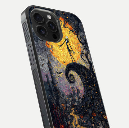 Pumpkin Moon Night Glass Case for iPhone 16 Pro Max close-up angled shot showing moon reflection and Halloween glow