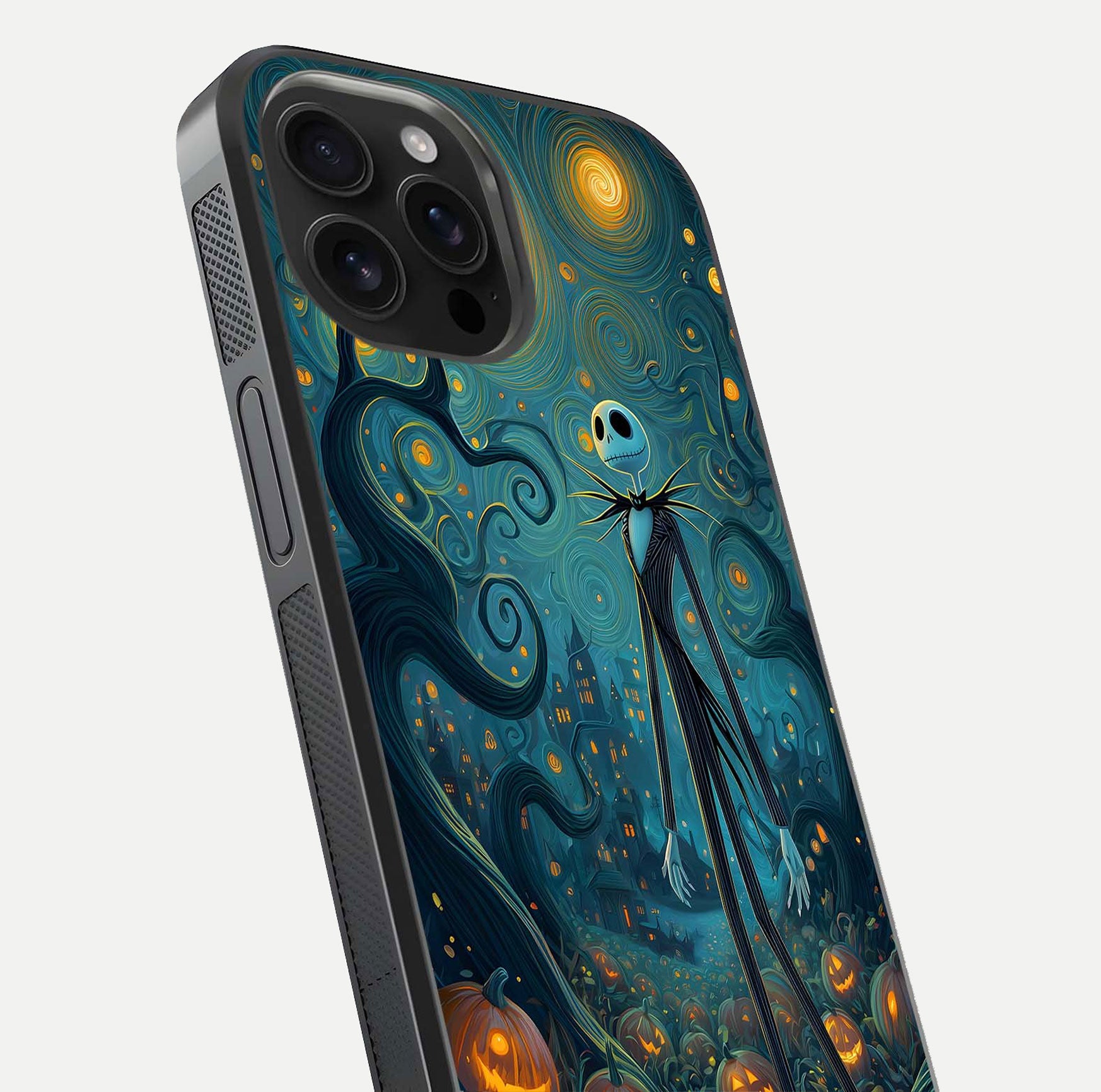 Pumpkin Moonlight Tale Glass Case for iPhone 16 Pro Max close-up angled shot highlighting reflection and vibrant glow