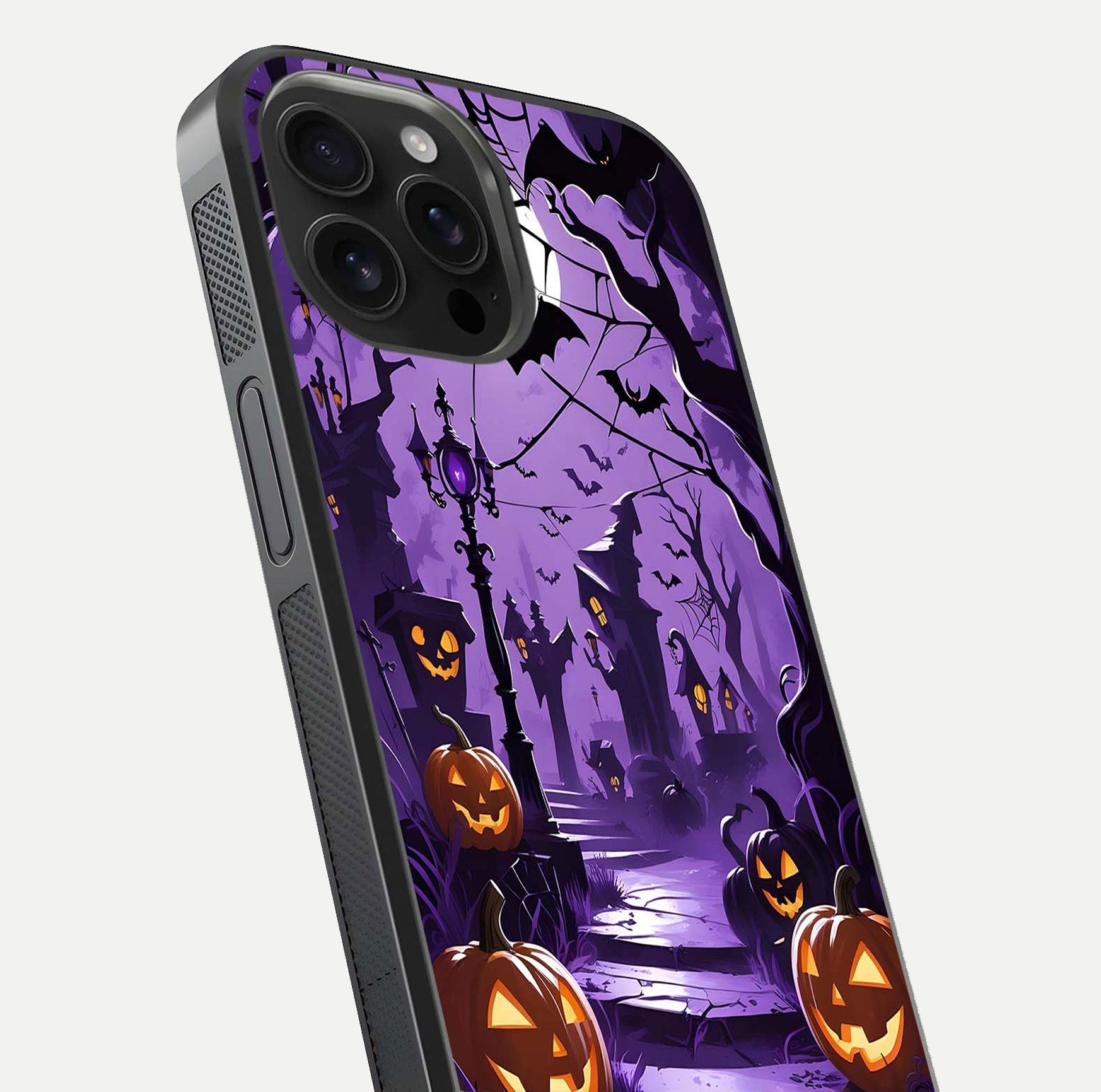 Pumpkin Patch Halloween Glass Case for iPhone 16 Pro Max close-up angled shot highlighting pumpkin texture and shine