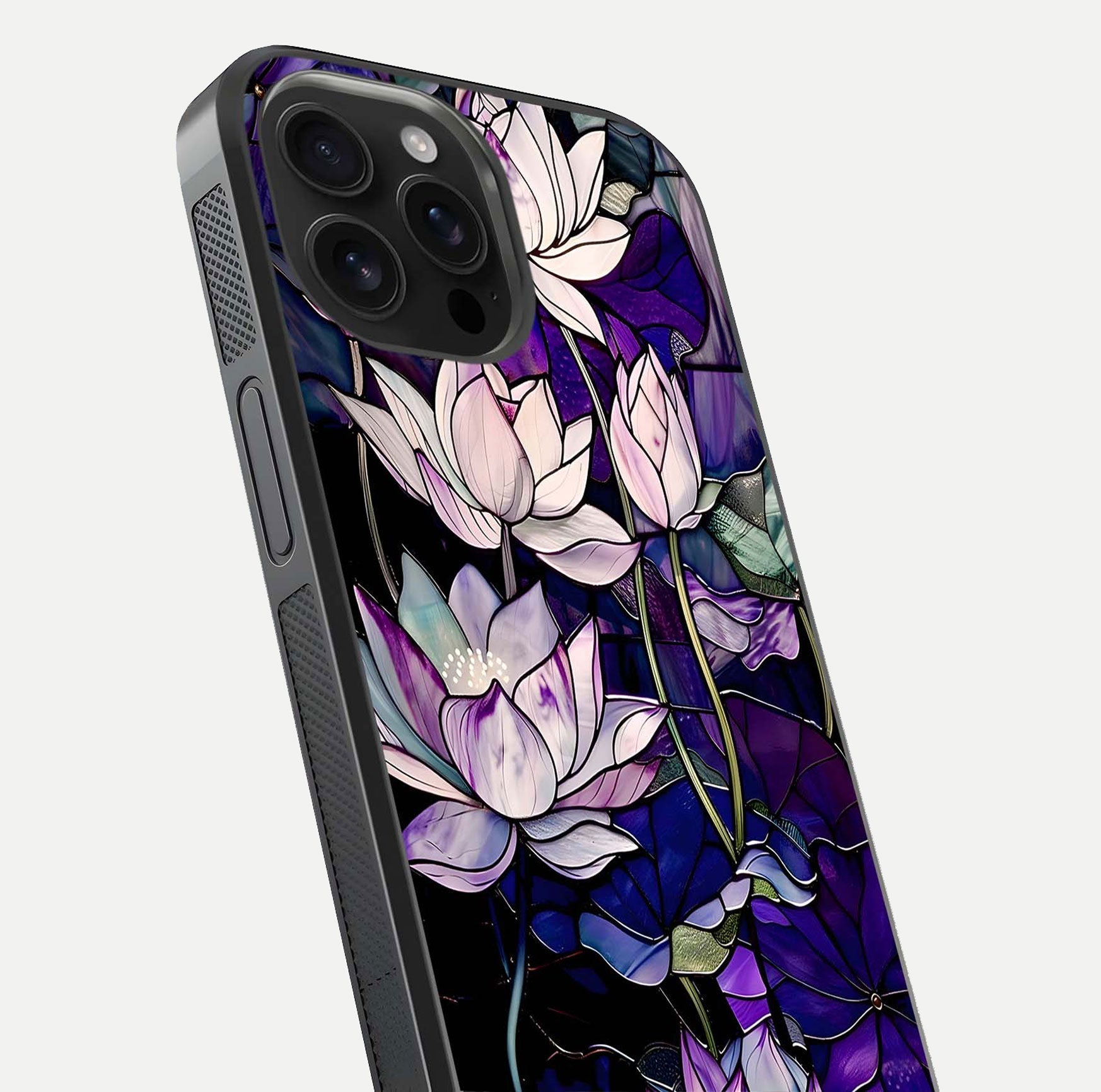 Purple Lotus Pattern Glass Case for iPhone 16 Pro Max close-up angled shot showing petal texture and HD reflection