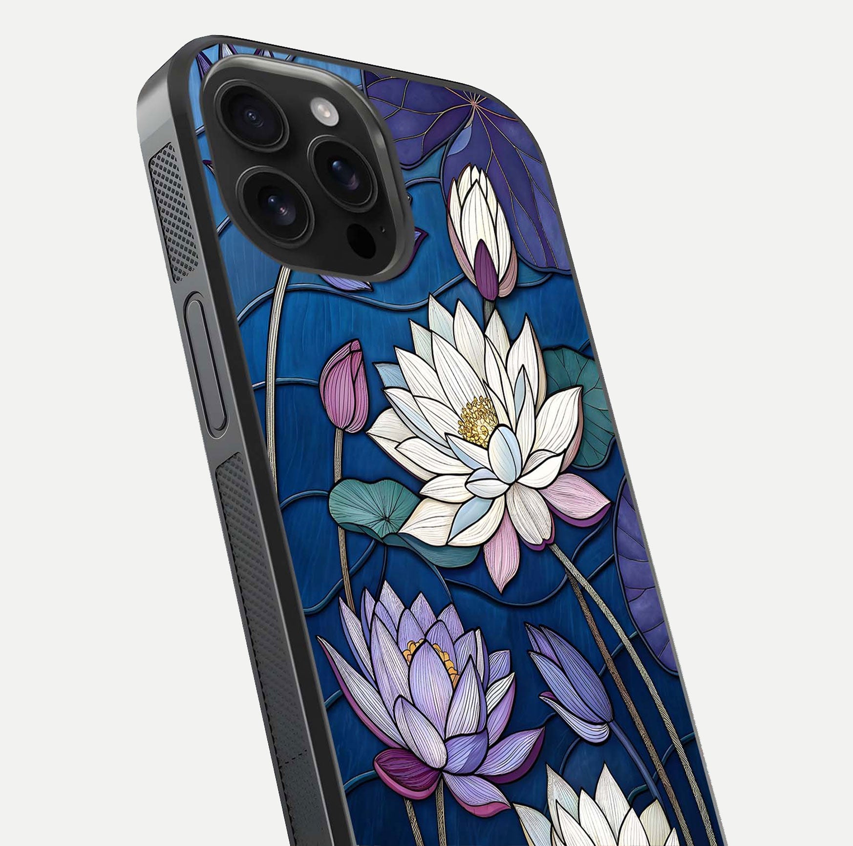Purple Lotus Stained Glass Case for iPhone 16 Pro Max close-up angled shot highlighting glass pattern and reflection