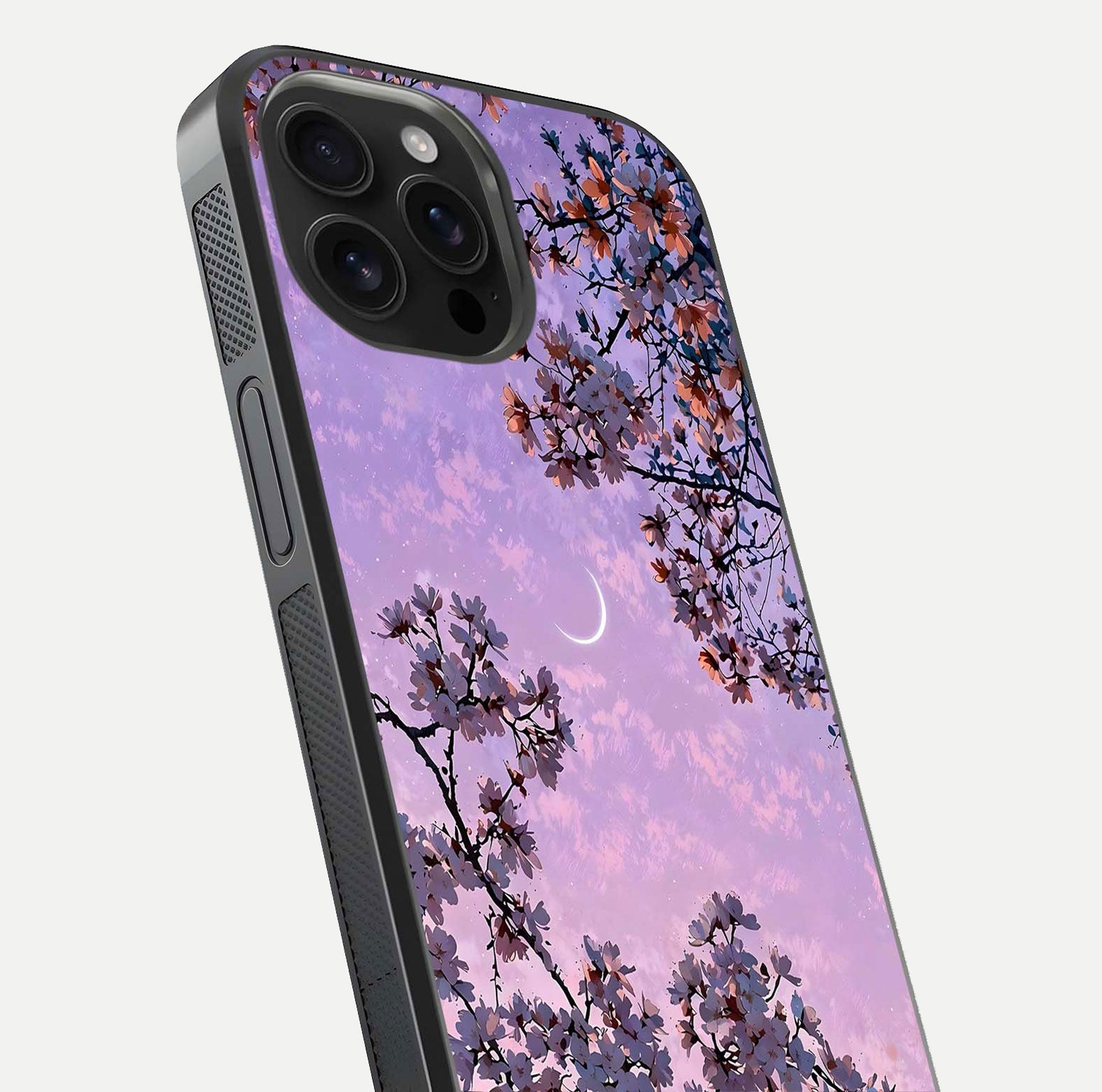 Purple Serenity Moon Glass Case for iPhone 16 Pro Max close-up angled shot showing reflection and gradient purple hues