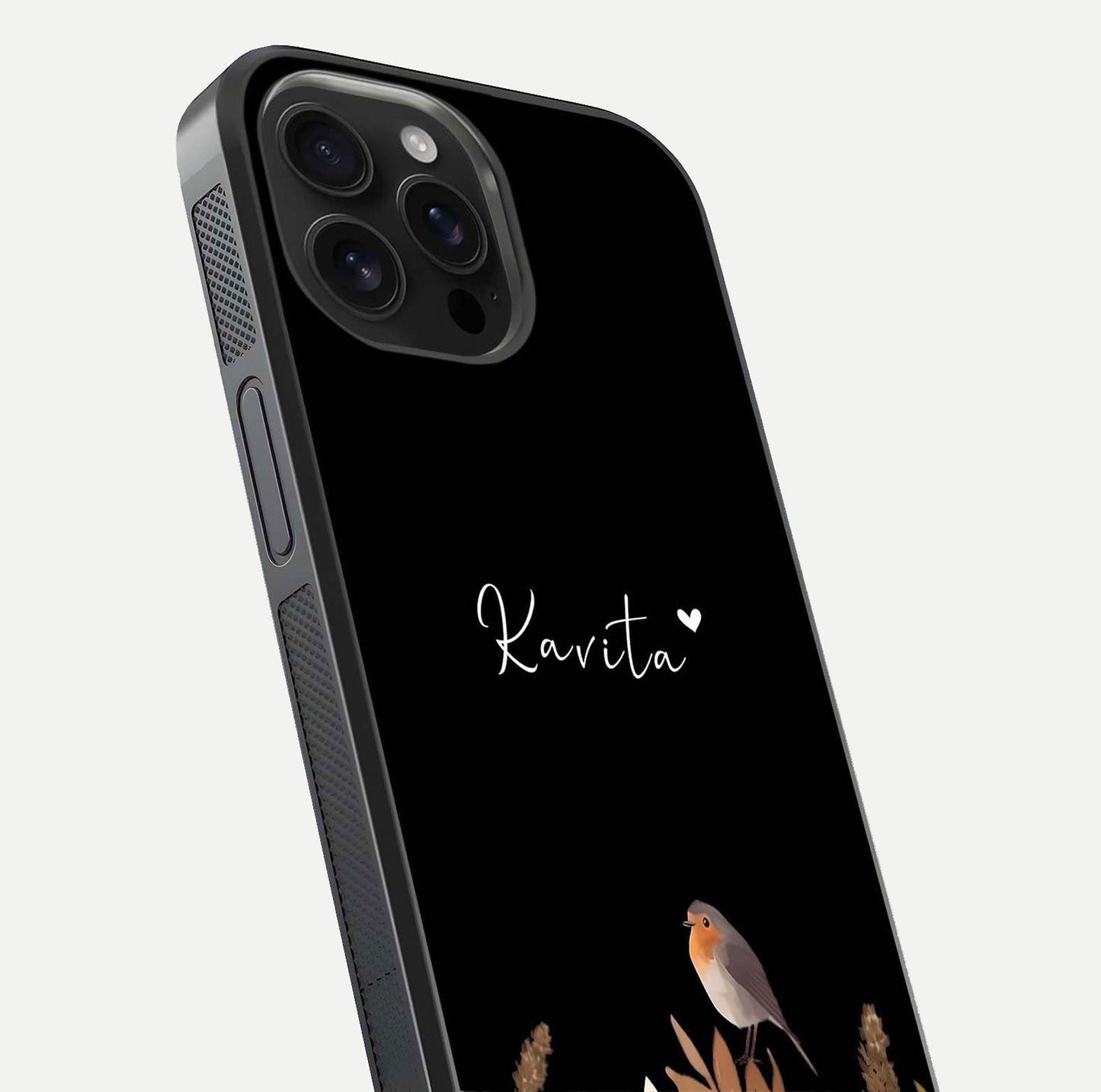 Quiet Garden Tune Custom Name Glass Case for iPhone 16 Pro Max close-up angled shot showing soft tones and gloss reflection