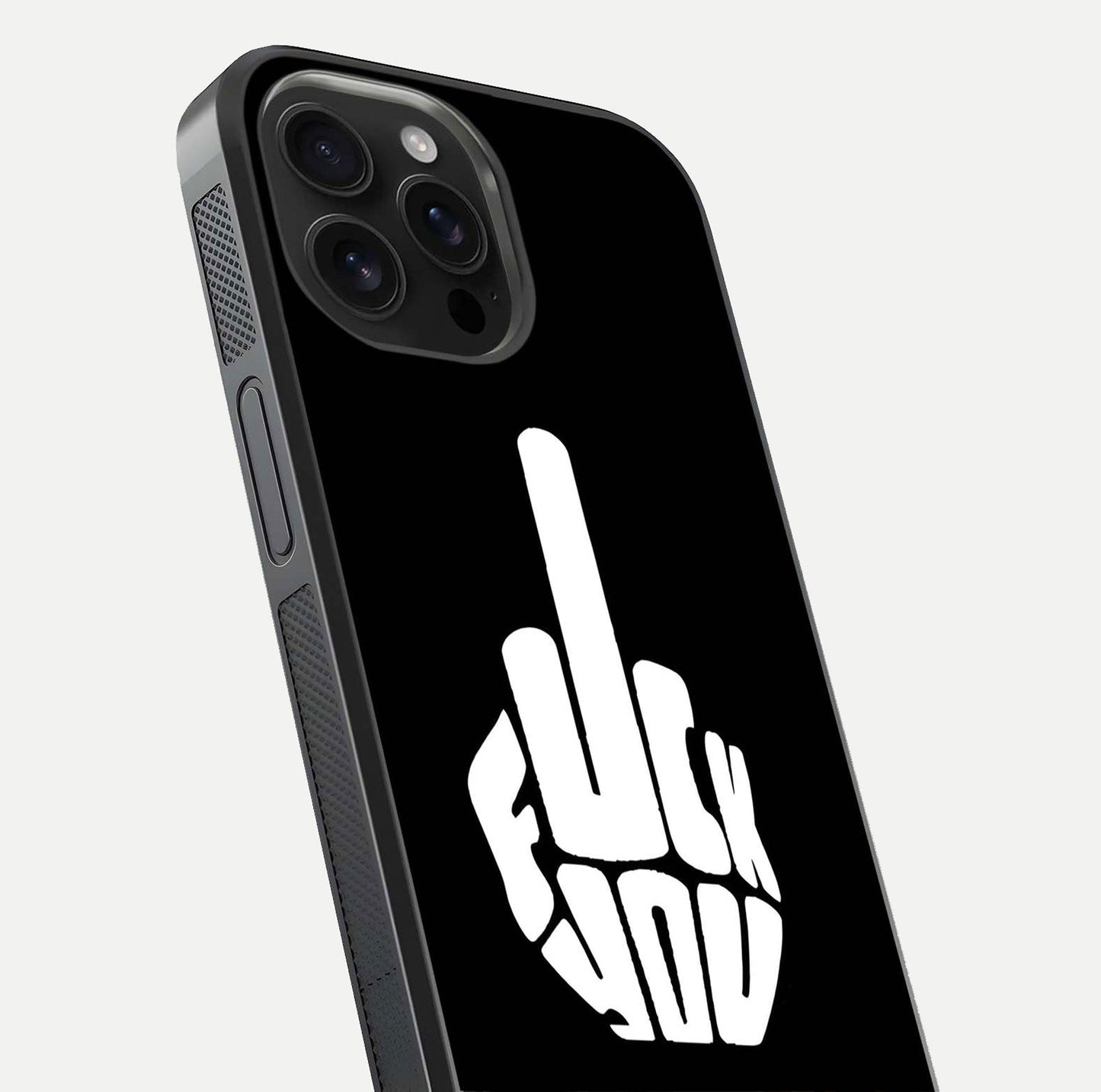 Rebel Mode On Glass Case for iPhone 16 Pro Max close-up angled shot highlighting reflective text and sharp design