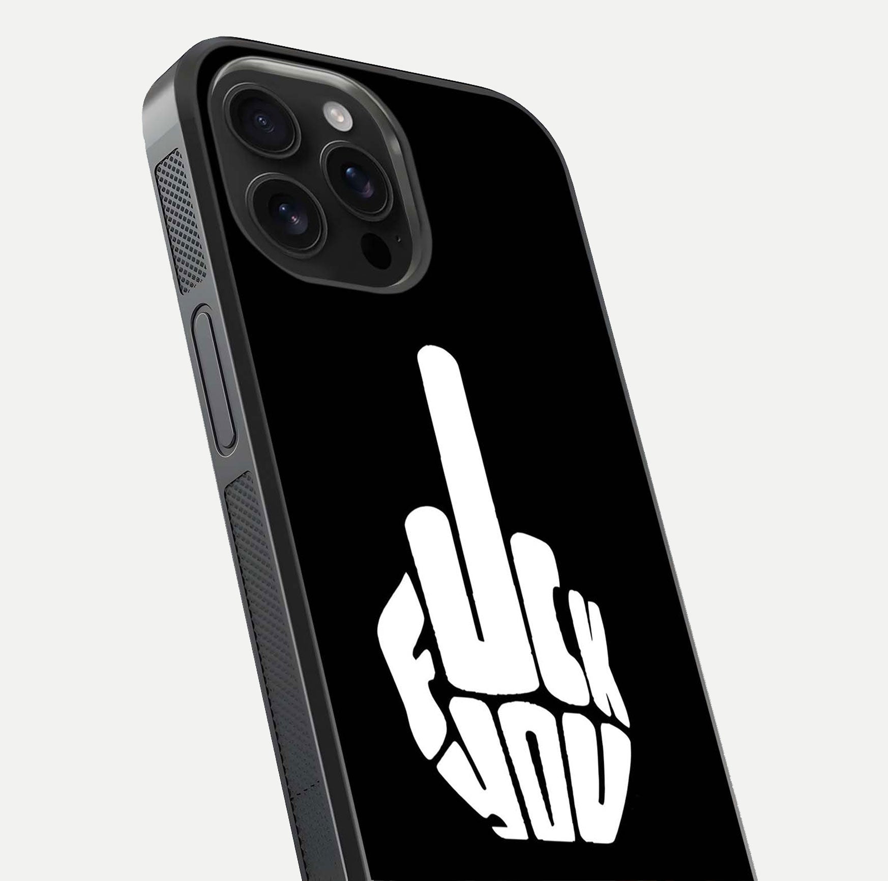 Rebel Mode On Glass Case for iPhone 16 Pro Max close-up angled shot highlighting reflective text and sharp design