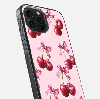 Red Cherries Pattern Glass Case for iPhone 16 Pro Max close-up angled shot showing cherry details and HD reflection