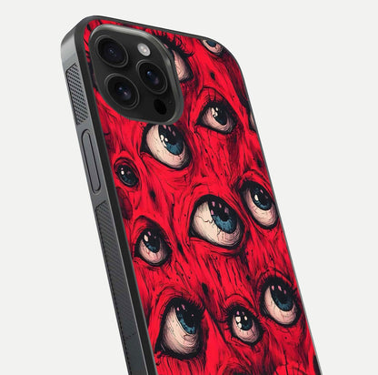 Red Eyes Pattern Glass Case for iPhone 16 Pro Max close-up angled shot highlighting vivid contrast and HD shine