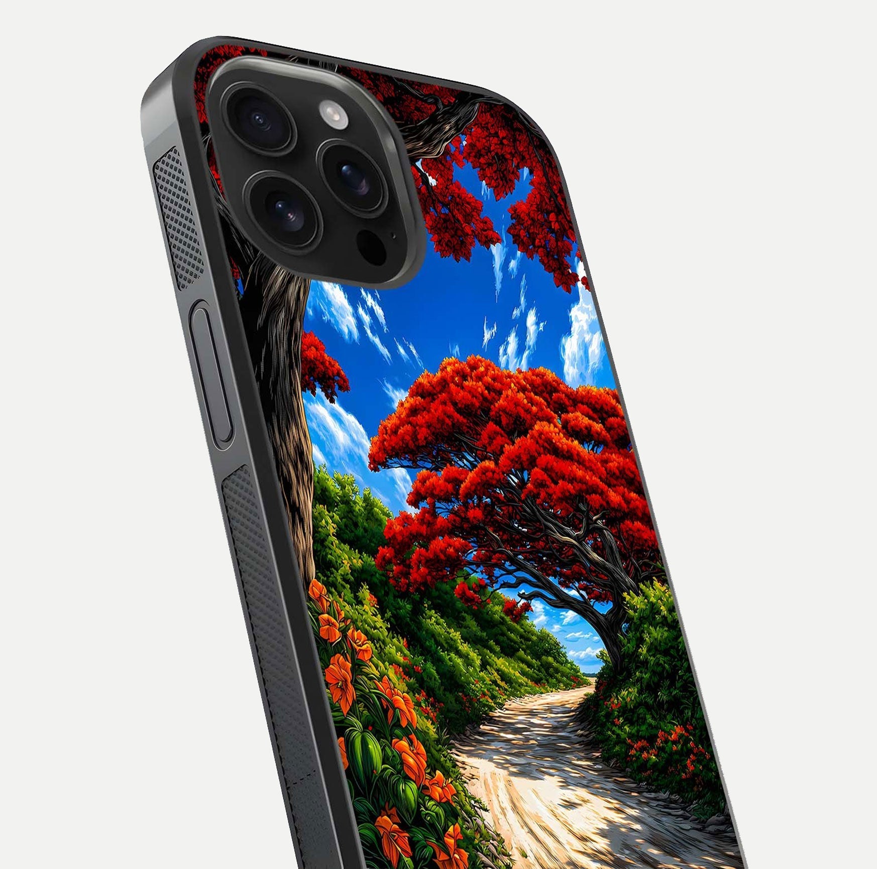 Red Trees Pathway Glass Case for iPhone 16 Pro Max close-up angled shot highlighting forest detail and reflection