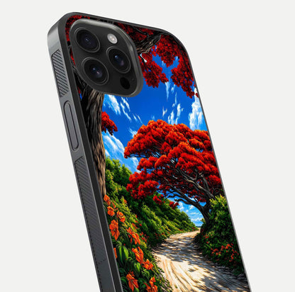 Red Trees Pathway Glass Case for iPhone 16 Pro Max close-up angled shot highlighting forest detail and reflection