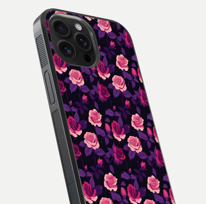 Rose Garden Twilight Glass Case for iPhone 16 Pro Max close-up angled shot highlighting rose contrast and reflection