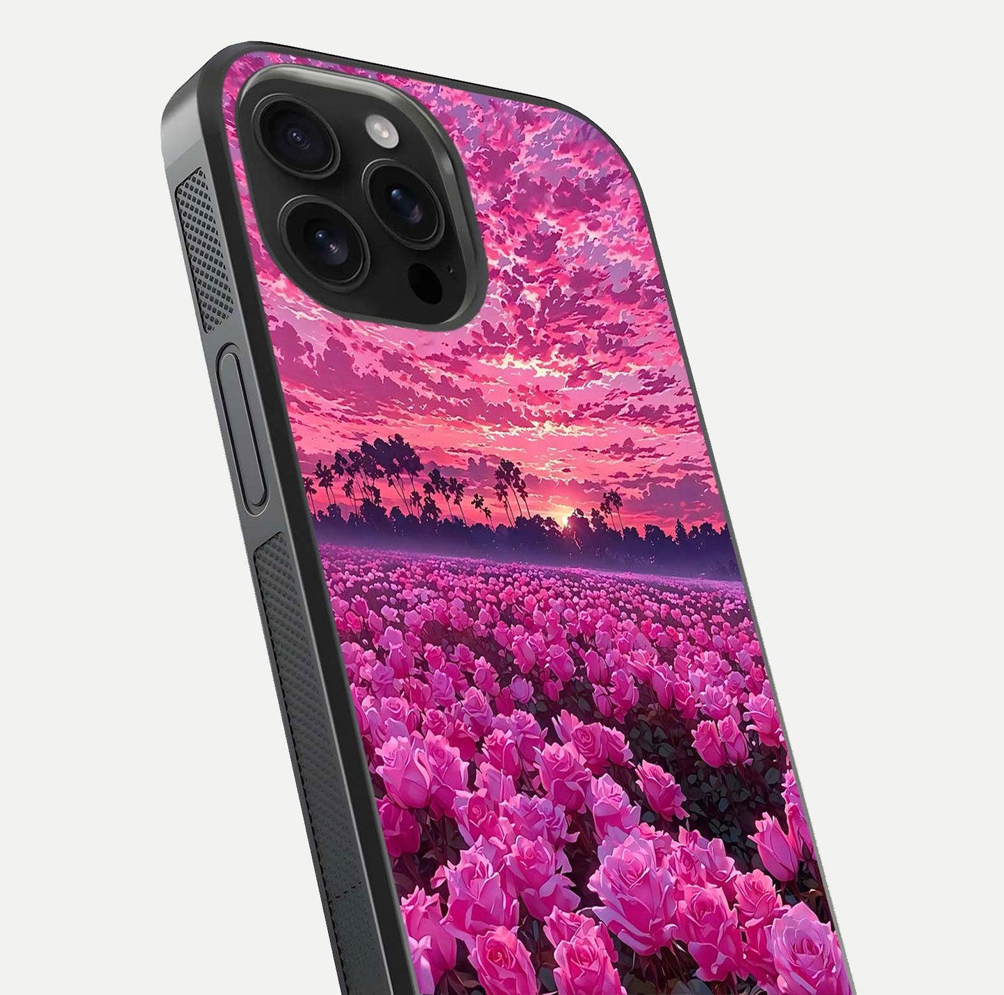 Rose Sunset Valley Glass Case for iPhone 16 Pro Max close-up angled shot showing rose detailing and golden hues