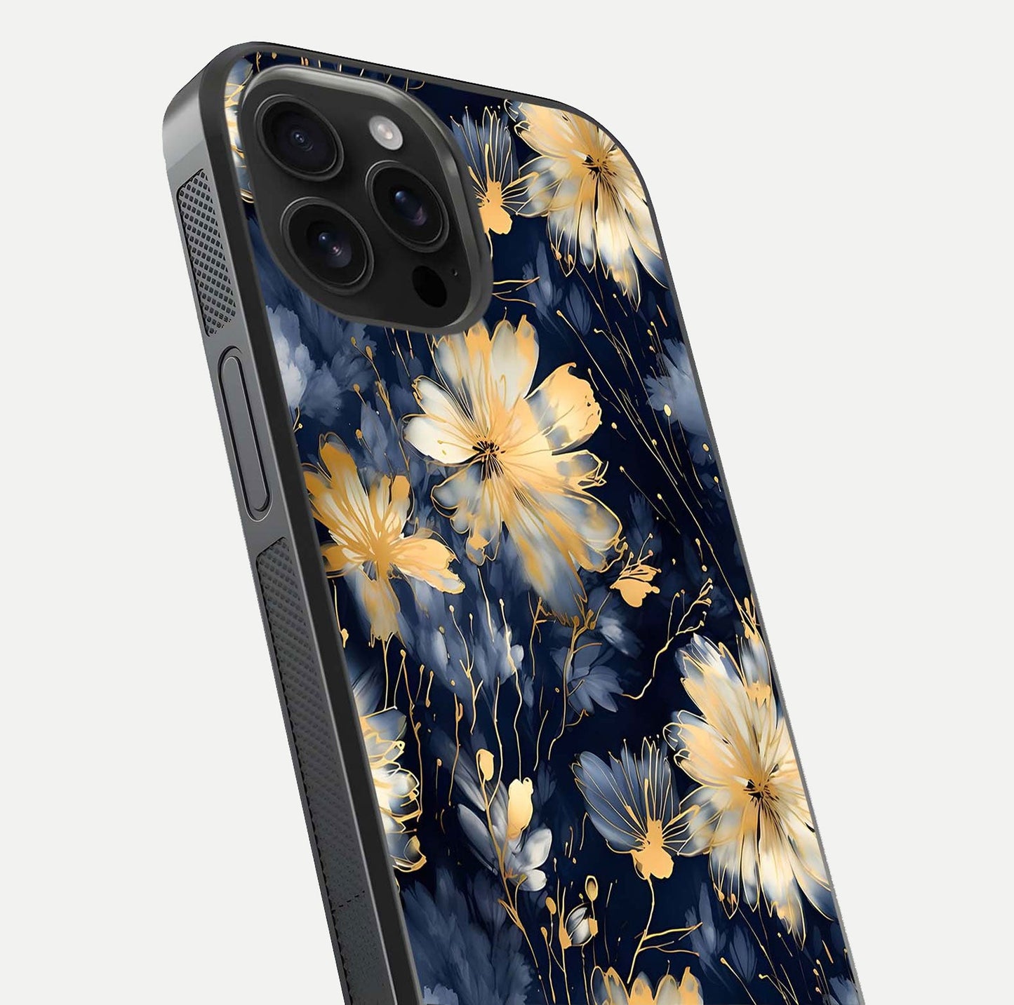 Royal Petal Dream Glass Case for iPhone 16 Pro Max close-up angled shot highlighting petal texture and reflection depth