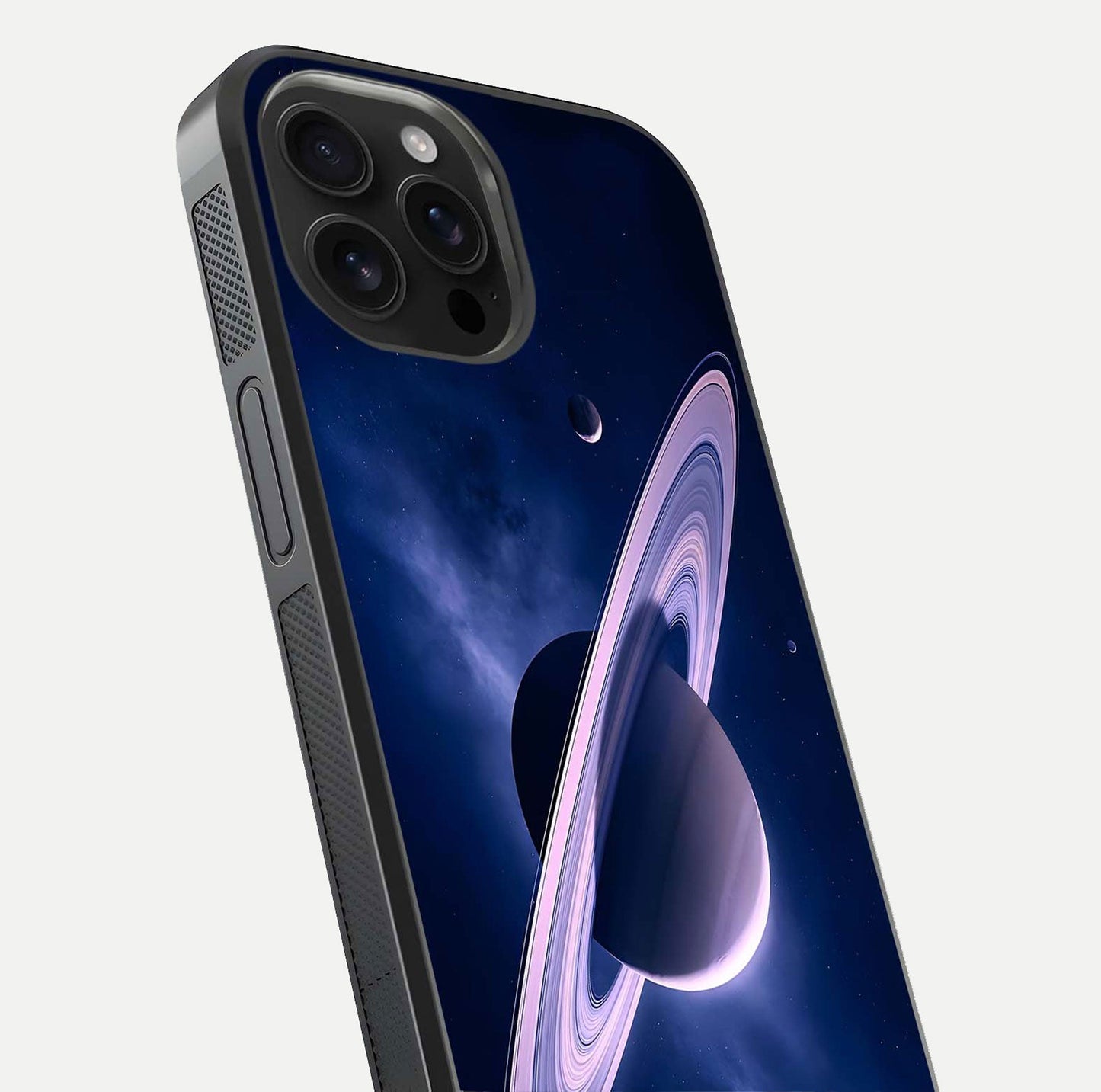 Saturn Ring Mystique Glass Case for iPhone 16 Pro Max close-up angled shot highlighting ring detail and HD reflection
