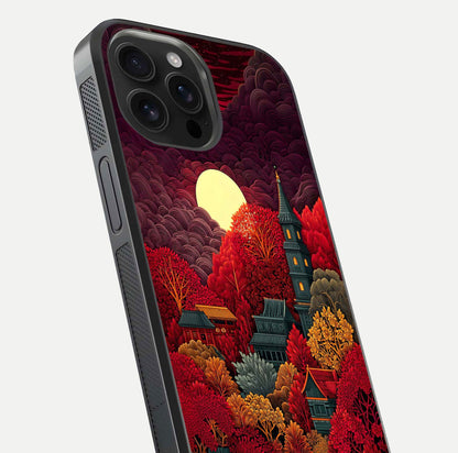 Scarlet Autumn Temple Glass Case for iPhone 16 Pro Max close-up angled shot highlighting golden leaves and reflection