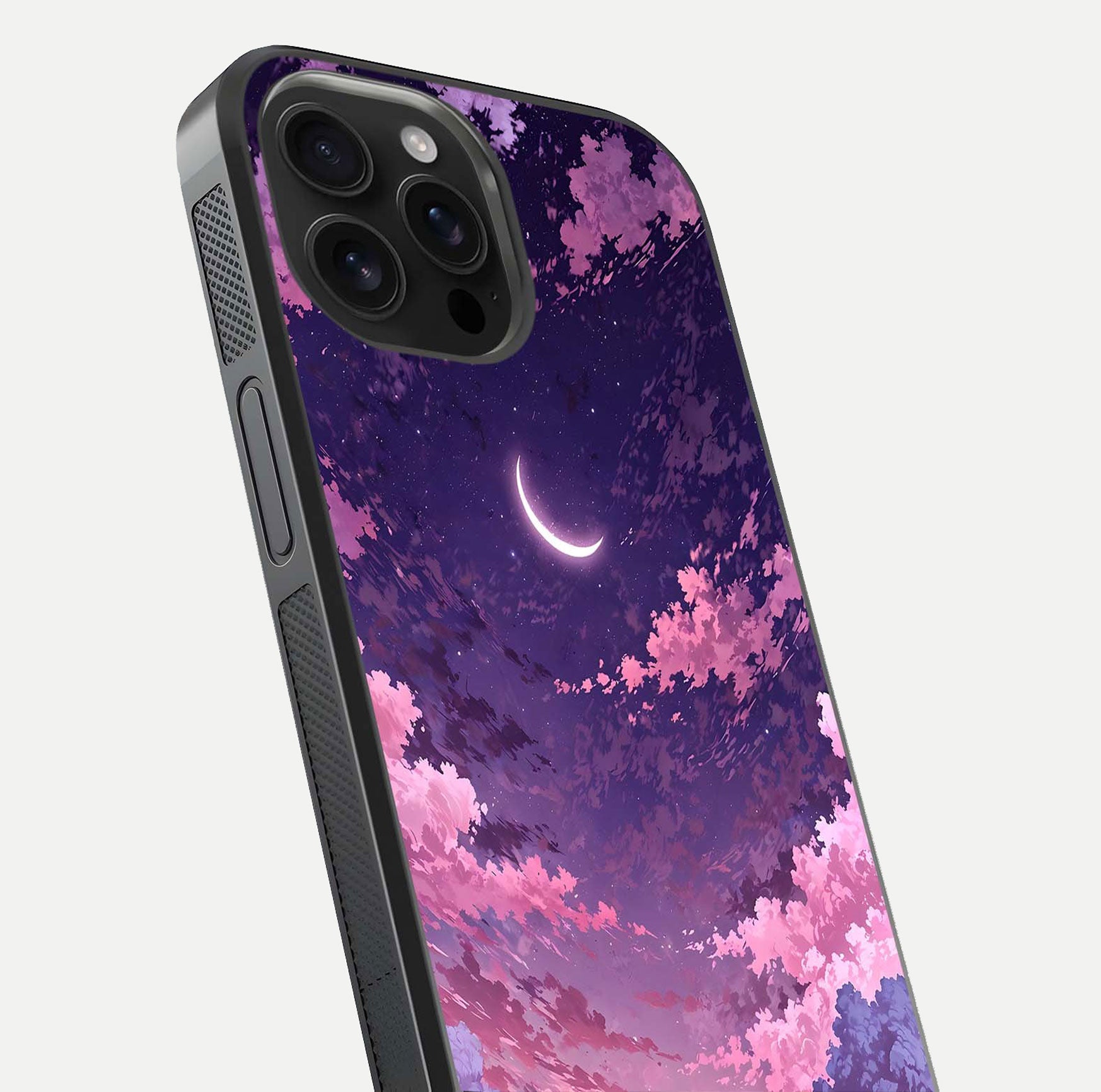 Sky Drift Clouds Glass Case for iPhone 16 Pro Max close-up angled shot highlighting cloud texture and reflection