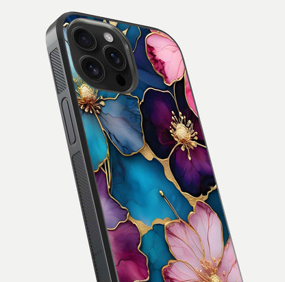 Sparkle Floral Glass Case for iPhone 16 Pro Max close-up angled shot highlighting shimmer details and reflection