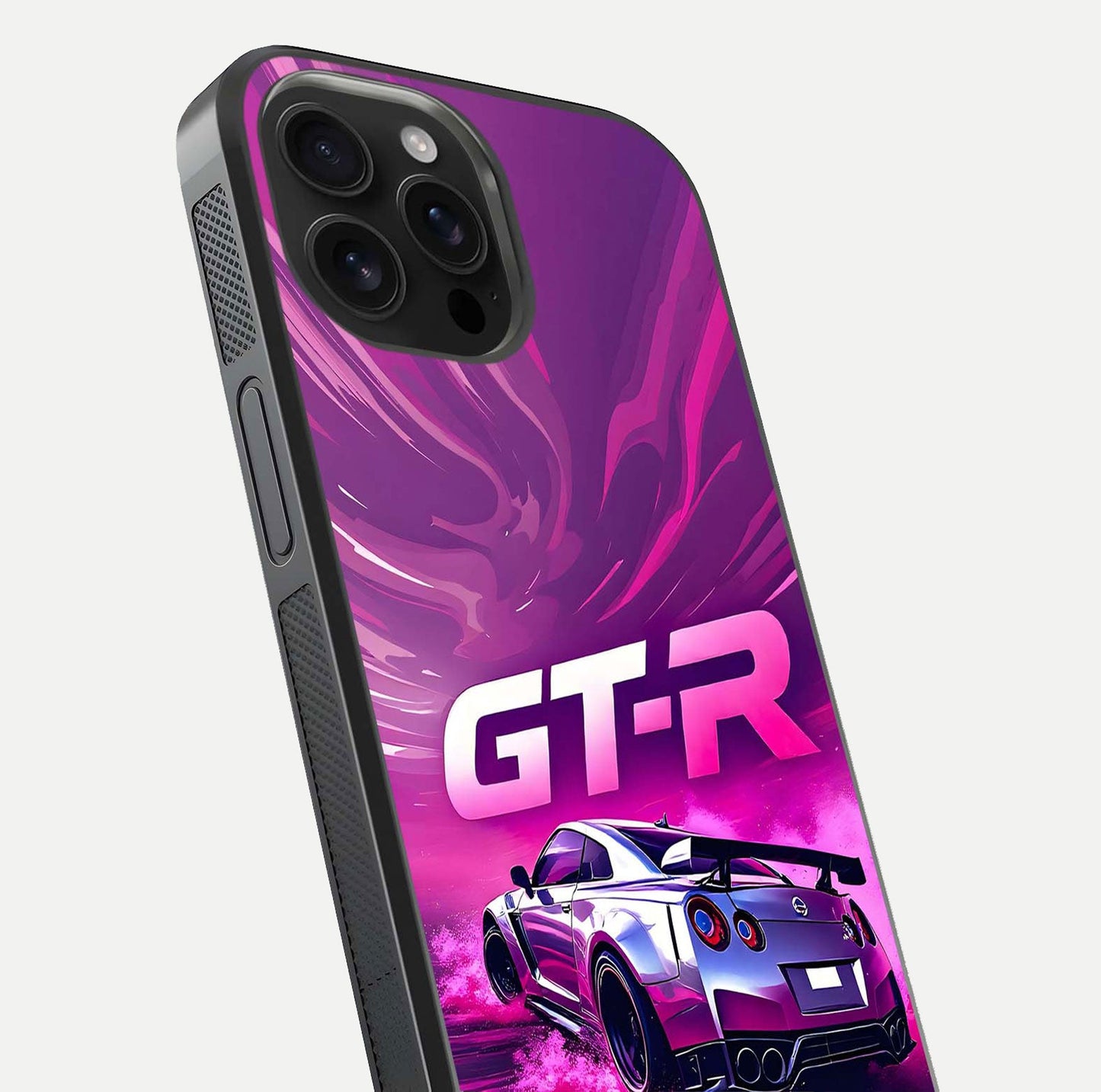 Speed Drift Legend Glass Case for iPhone 16 Pro Max close-up angled shot highlighting speed lines and reflection