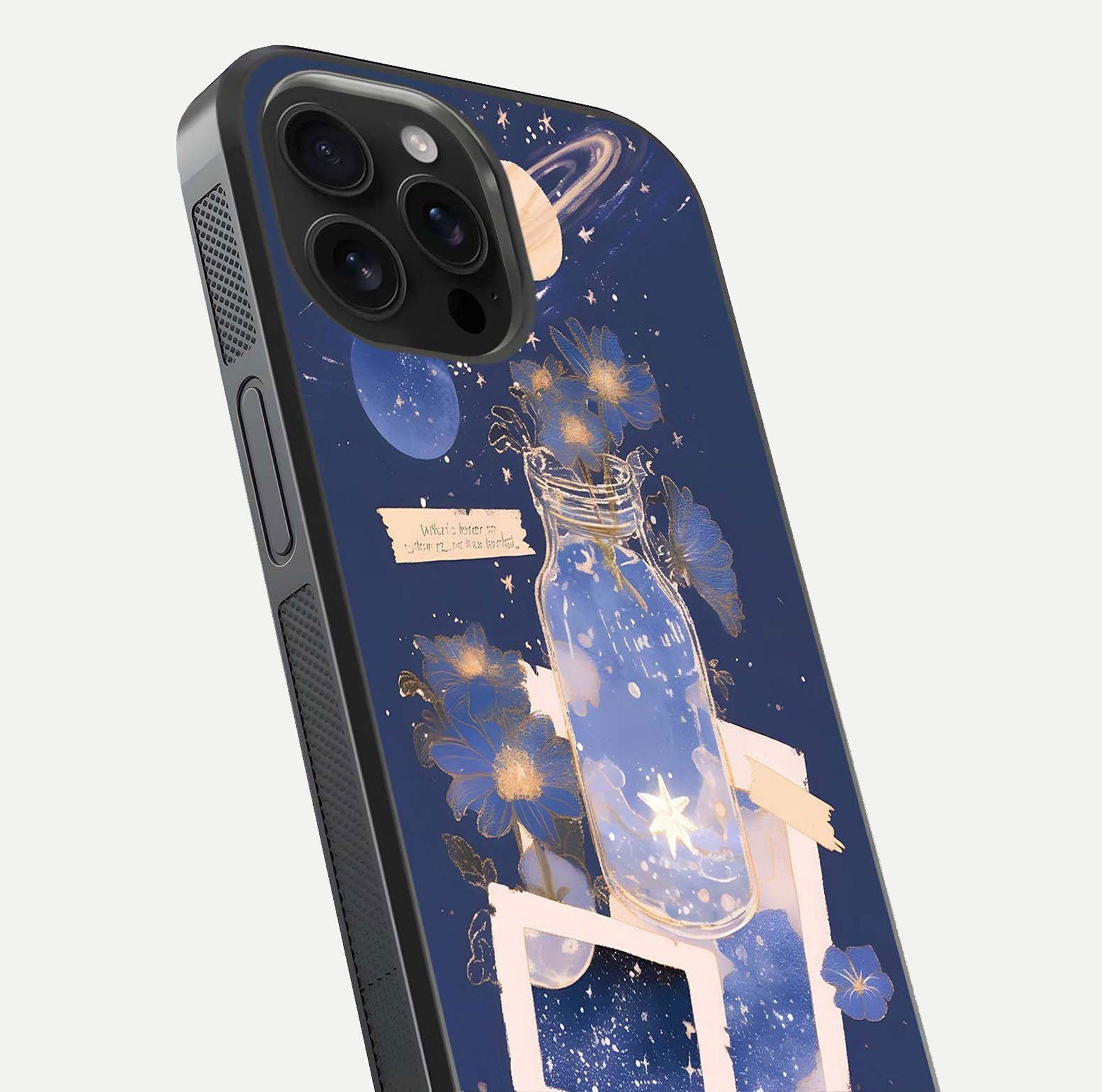 Starlit Cosmic Jar Glass Case for iPhone 16 Pro Max close-up angled shot highlighting stars, reflections, and HD shine