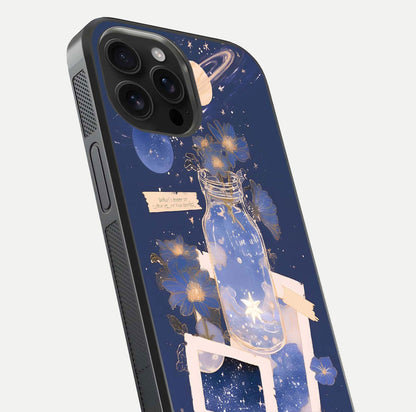 Starlit Cosmic Jar Glass Case for iPhone 16 Pro Max close-up angled shot highlighting stars, reflections, and HD shine
