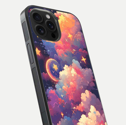 Starlit Dream Clouds Glass Case for iPhone 16 Pro Max close-up angled shot highlighting cloud texture and reflection