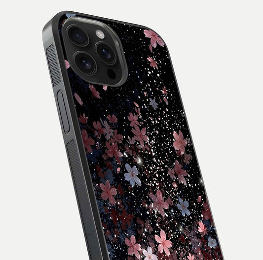 Starlit Flower Dreams Glass Case for iPhone 16 Pro Max close-up angled shot highlighting petal reflection and HD depth