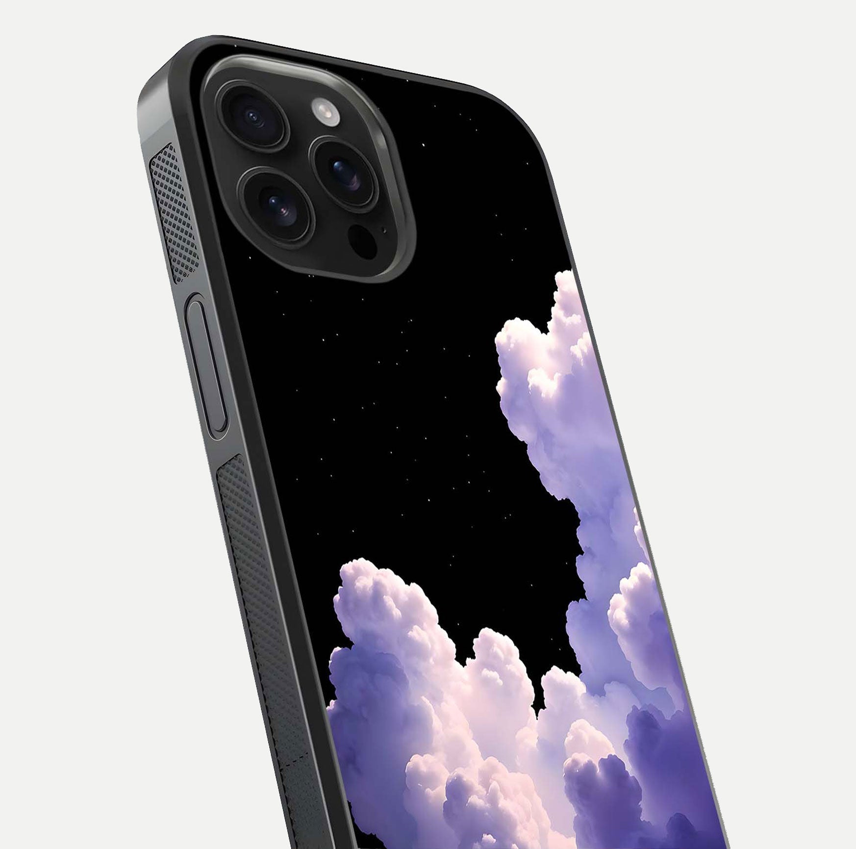 Starlit Night Whispers Glass Case for iPhone 16 Pro Max close-up angled shot highlighting stars and reflection