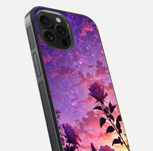 Starlit Rose Twilight Glass Case for iPhone 16 Pro Max close-up angled shot highlighting rose detail and reflection