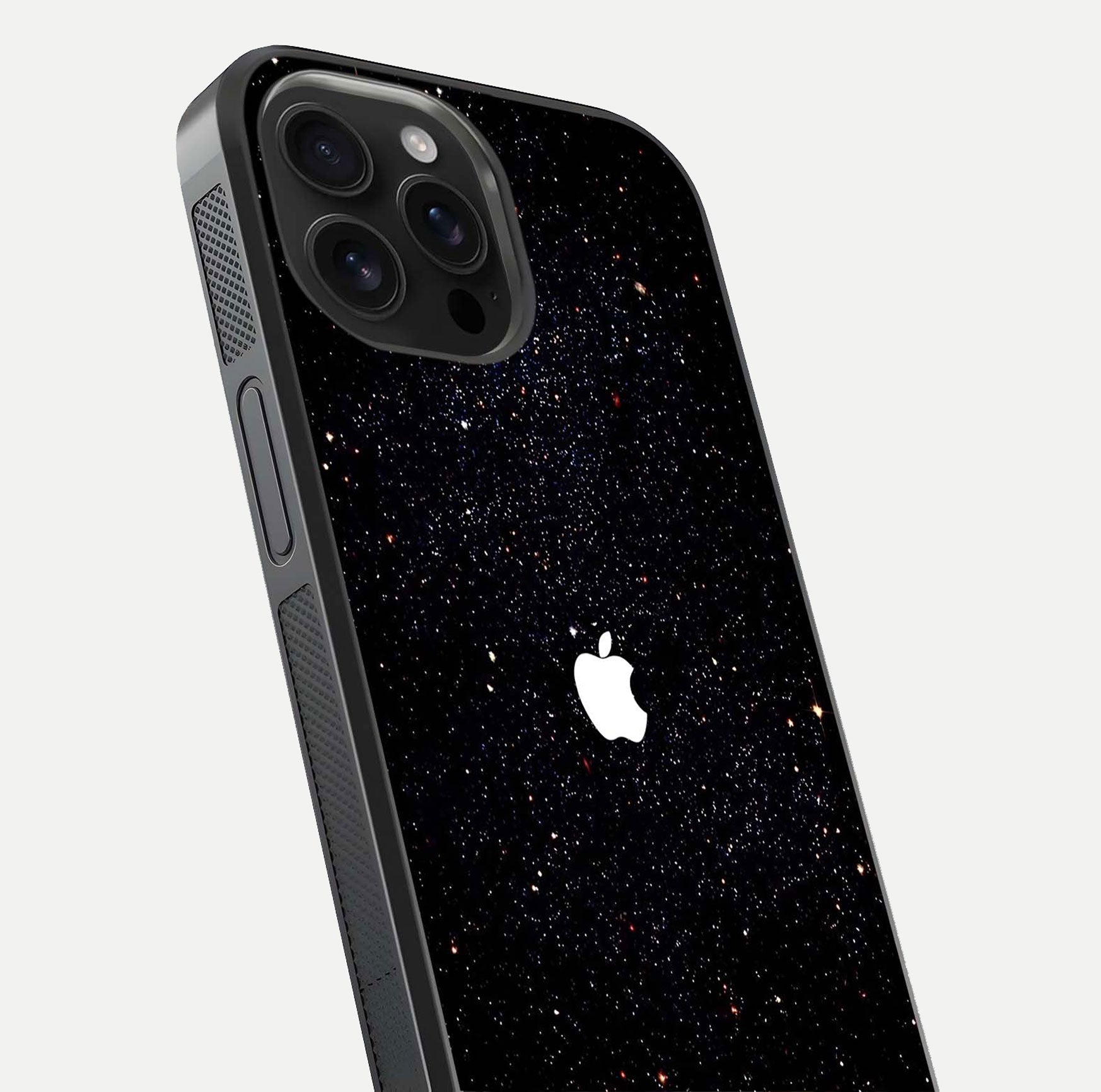 Starry Apple Galaxy Glass Case for iPhone 16 Pro Max close-up angled shot highlighting star details and gloss