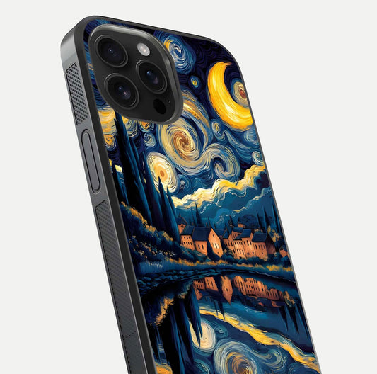 Starry Sky Serenity Glass Case for iPhone 16 Pro Max close-up angled shot highlighting light reflection and blue hues