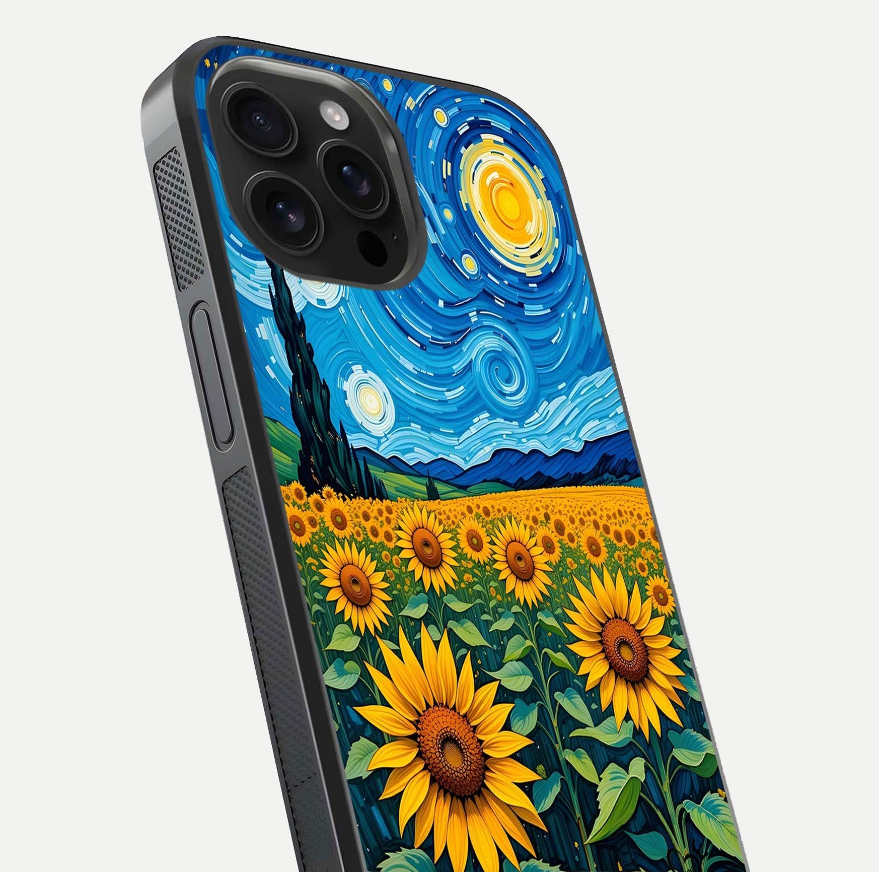 Starry Sunflower Dreams Glass Case for iPhone 16 Pro Max close-up angled shot highlighting petal texture and gloss