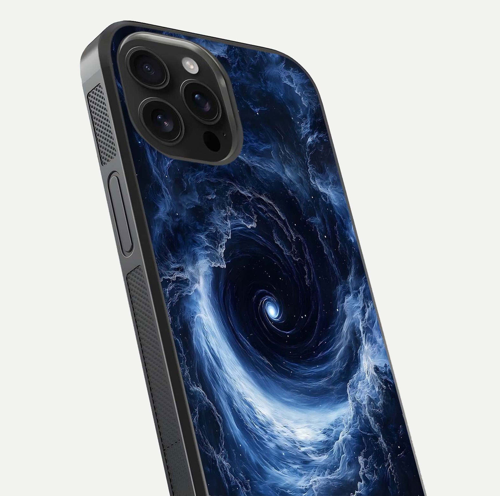 Stunning Galaxy Glass Case for iPhone 16 Pro Max close-up angled shot highlighting nebula tones and HD reflection