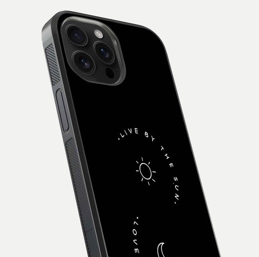 Sun Moon Balance Glass Case for iPhone 16 Pro Max close-up angled shot highlighting cosmic art and HD reflection