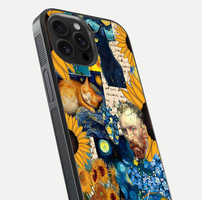Sunflower Cat Art Glass Case for iPhone 16 Pro Max close-up angled shot highlighting yellow tones and art reflection