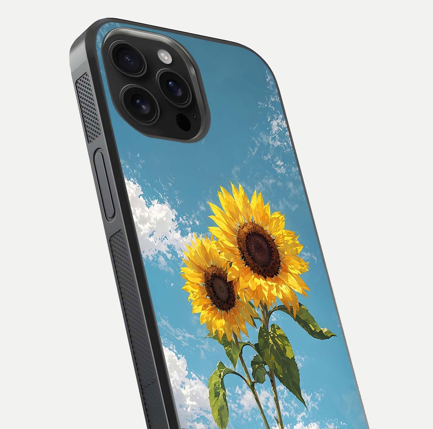 Sunflower Sky Bloom Glass Case for iPhone 16 Pro Max close-up angled shot highlighting petal details and reflection