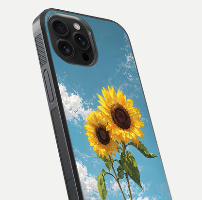 Sunflower Sky Bloom Glass Case for iPhone 16 Pro Max close-up angled shot highlighting petal details and reflection