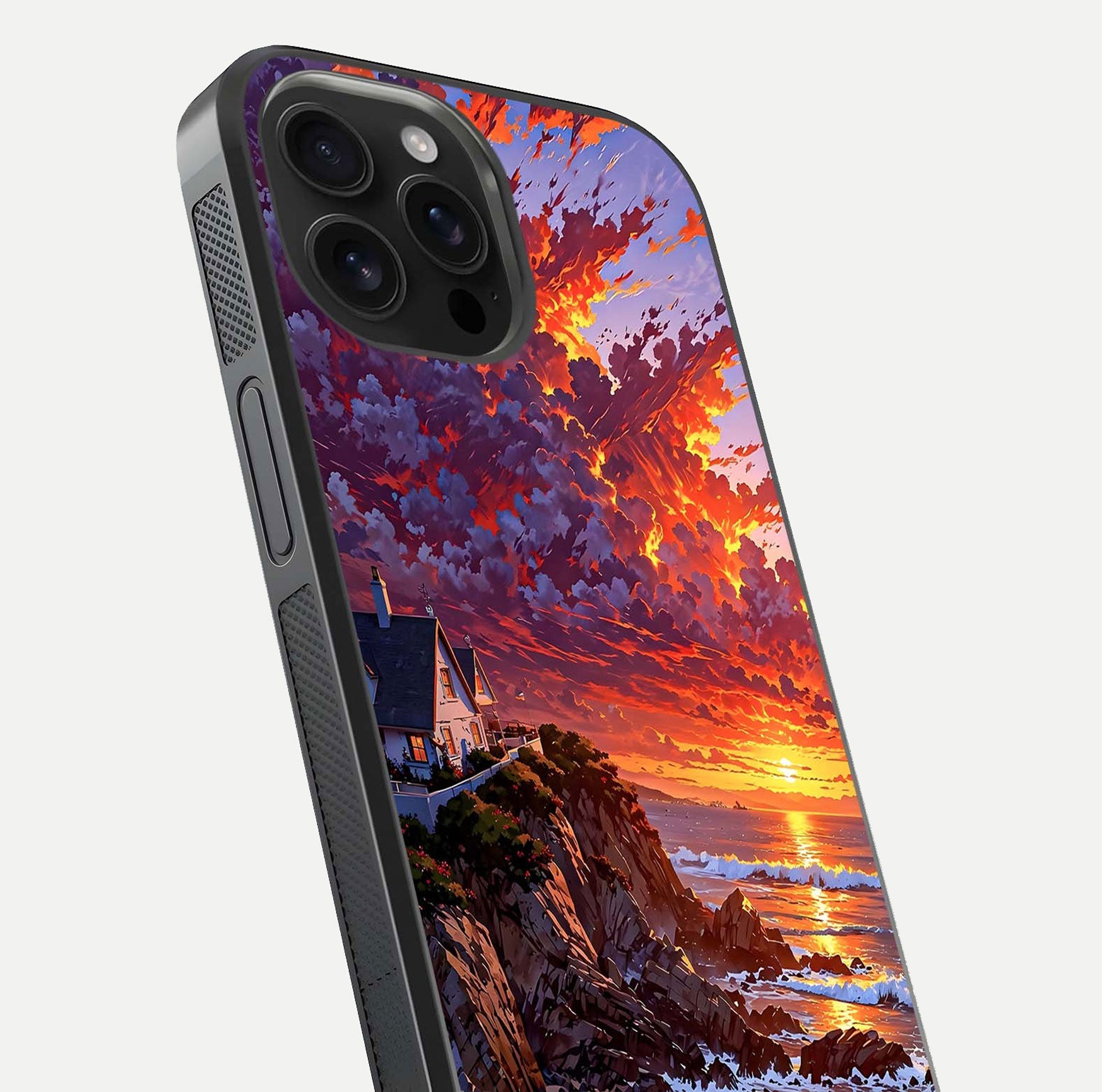Sunset House by Sea Glass Case for iPhone 16 Pro Max close-up angled shot highlighting sunset tones and water glow