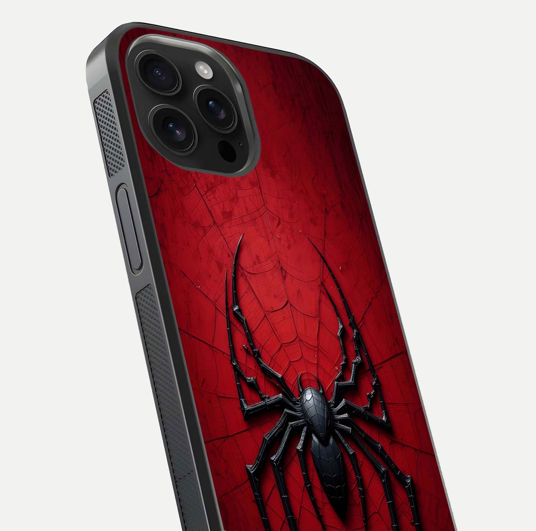 Venom Web Emblem Glass Case for iPhone 16 Pro Max close-up angled shot highlighting sharp logo lines and reflection