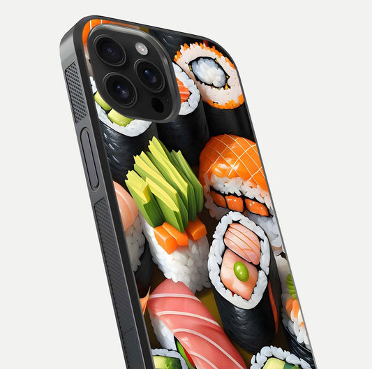 Sushi Food Pattern Glass Case for iPhone 16 Pro Max close-up angled shot highlighting colorful sushi prints and reflection