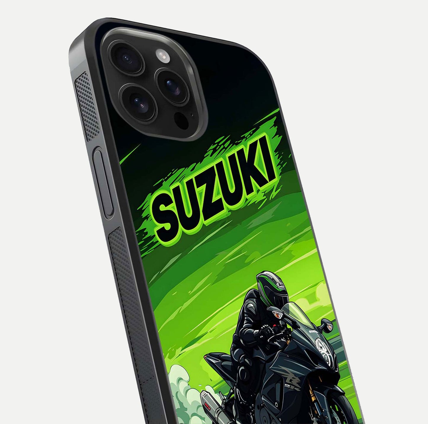 Suzuki Speed Beast Glass Case for iPhone 16 Pro Max close-up angled shot highlighting bold tones and reflection