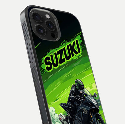Suzuki Speed Beast Glass Case for iPhone 16 Pro Max close-up angled shot highlighting bold tones and reflection